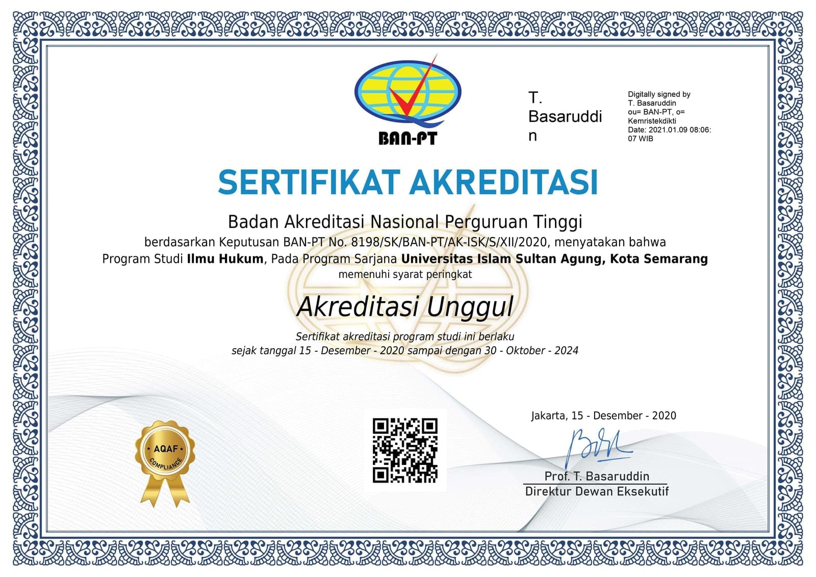 Accreditation Certificate of the Faculty of Law — Excellent (Unggul)