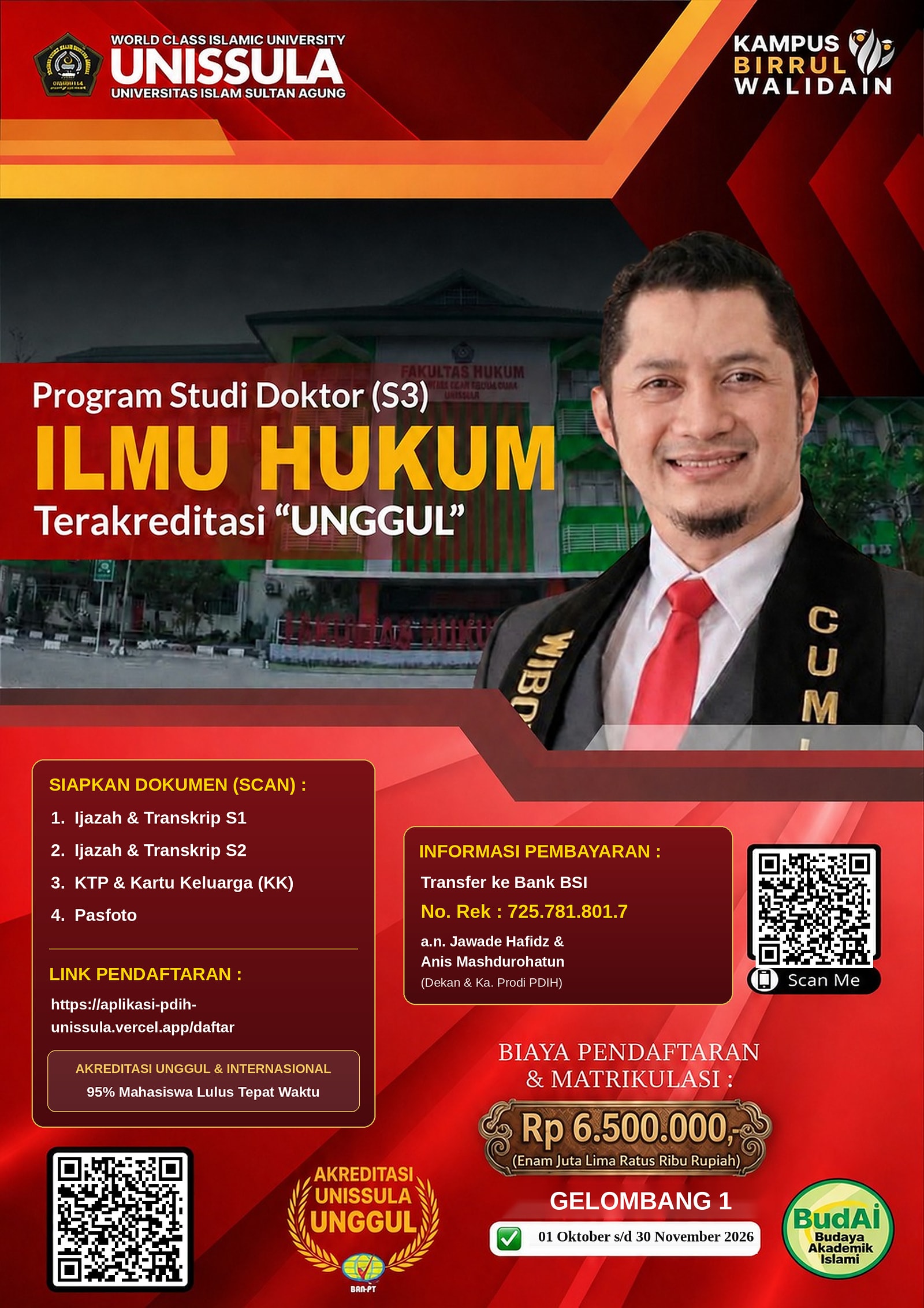First-wave admissions poster for the Doctoral Program in Law, UNISSULA, 1 October to 30 November 2026.